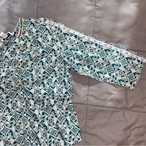 Talbots Bohemian Medallion Print Blouse Large Wood Beaded Collar - Picture 7 of 11